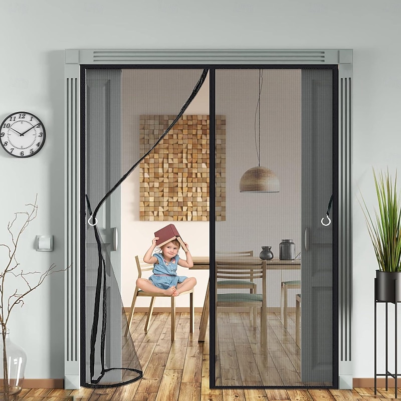 Magnetic Fly Screen Door,Heavy Duty Bug Curtain Full Frame, Keep Bugs Out Lets Fresh Air in Without Drilling