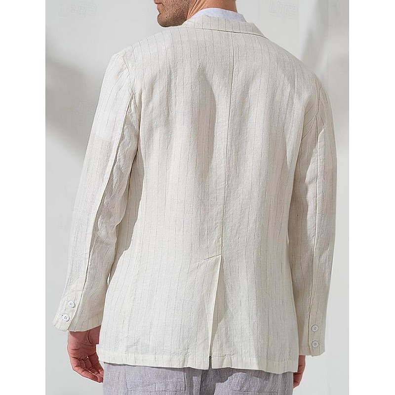 100% Linen Men's Linen Blazer Blazer Business Formal Evening Wedding Party Fashion Casual Spring &  Fall Stripes Pocket Casual / Daily Single Breasted Blazer White Navy Blue Coffee4