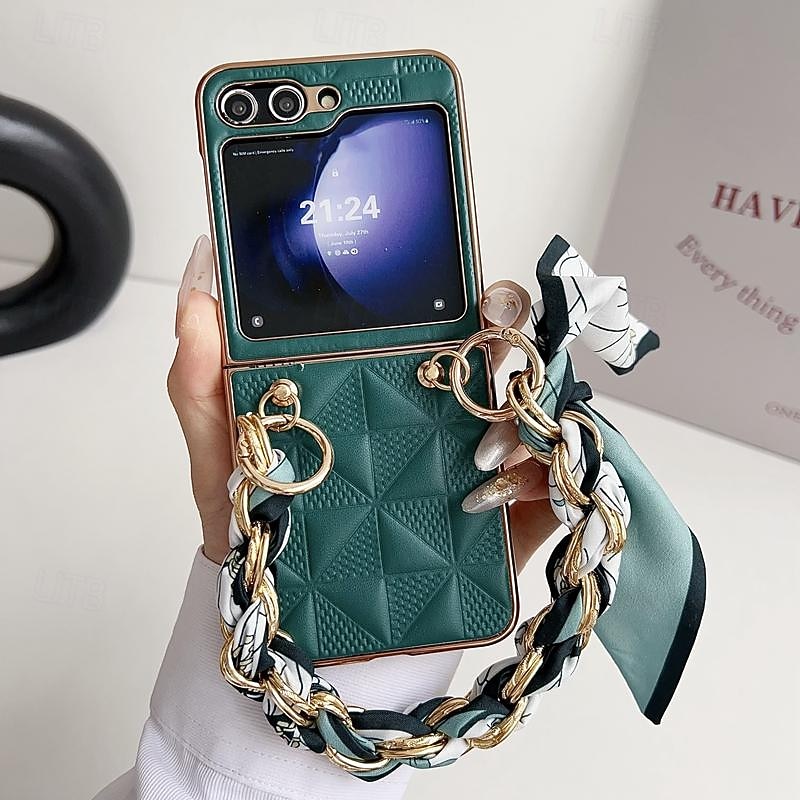 Phone Case For Samsung Galaxy Z Flip 6 Z Flip 5 Z Flip 4 Z Flip 3 for Women Girl with Wrist Strap Shockproof TPU Metal PU Leather4