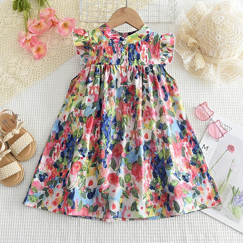 Young Girl Stand Collar Flying Sleeve Floral Print A-Line Dress For Summer