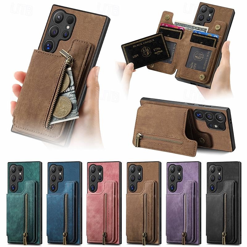 Phone Case For Samsung Galaxy S25 S24 S23 S23 FE S22 S21 Ultra Plus A35 5G A25 A15 A14 Back Cover with Stand Holder Card Slot Shockproof Retro TPU PU Leather
