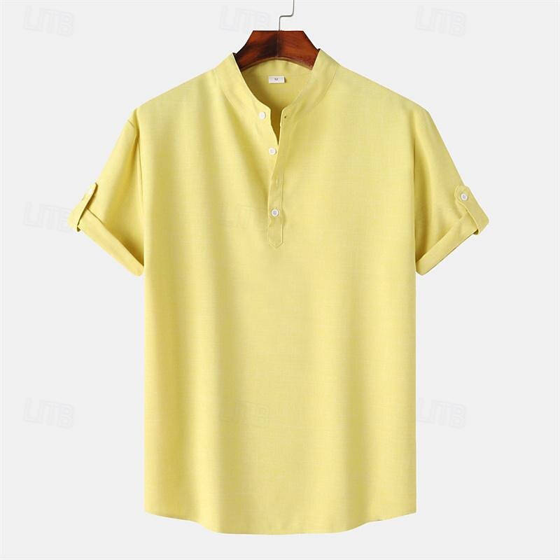 Men's Shirt Linen Shirt Chinese Collar Shirt Mandarin Collar Shirt Casual Shirt Cotton Shirt Plain Vacation Street Black Yellow Light Green Pink Short Sleeve Band Collar Summer Clothing Apparel 15