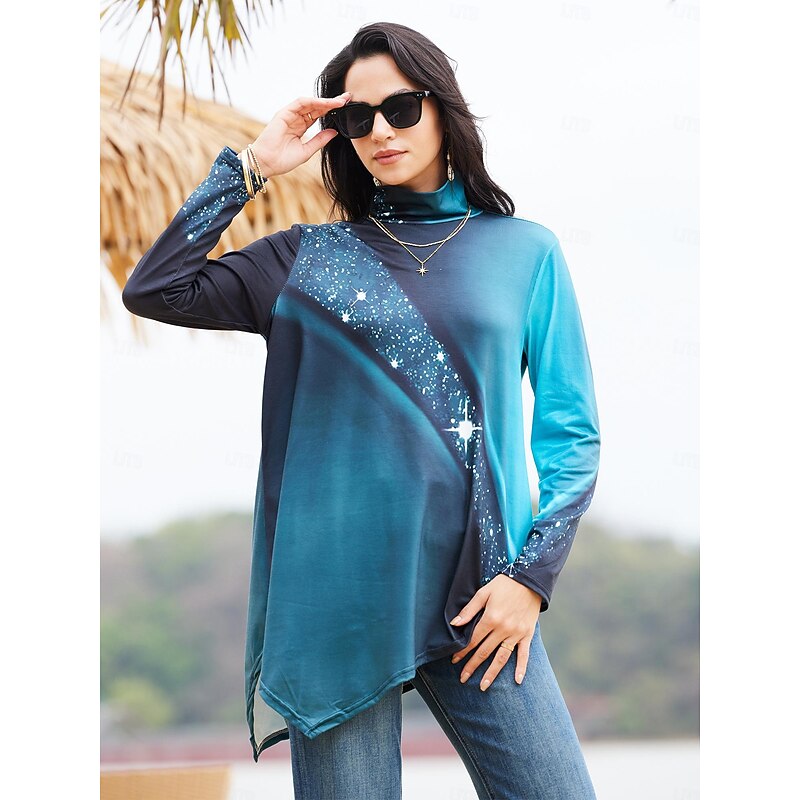 Women's T Shirt Daily Basic Print Long Sleeve Long Tops Turtleneck High Neck Casual Black Red Blue Purple Green Fall & Winter3