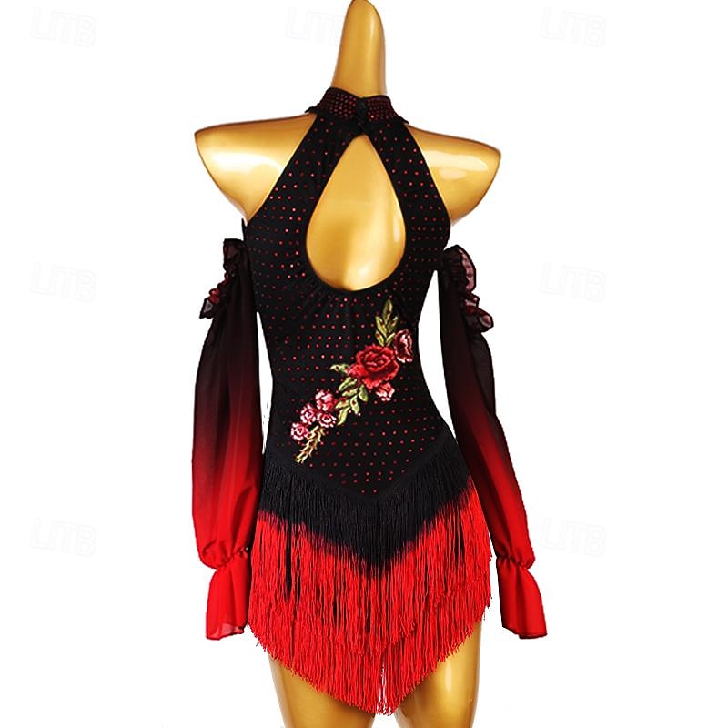 Figure Skating Dress Women's Girls' Ice Skating Dress Black Patchwork Tassel Spandex High Elasticity Training Competition Skating Wear Classic Crystal / Rhinestone Long Sleeve Ice Skating Figure2