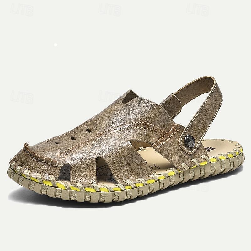 Men's Sandals Flat Sandals Leather Breathable Comfortable Slip Resistant Buckle Black Khaki Coffee3