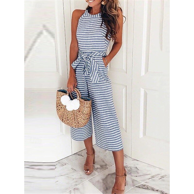 Women's Normal Jumpsuit Streetwear Striped Sleeveless Pocket Daily Going out Regular Fit Black Pink Blue Summer4