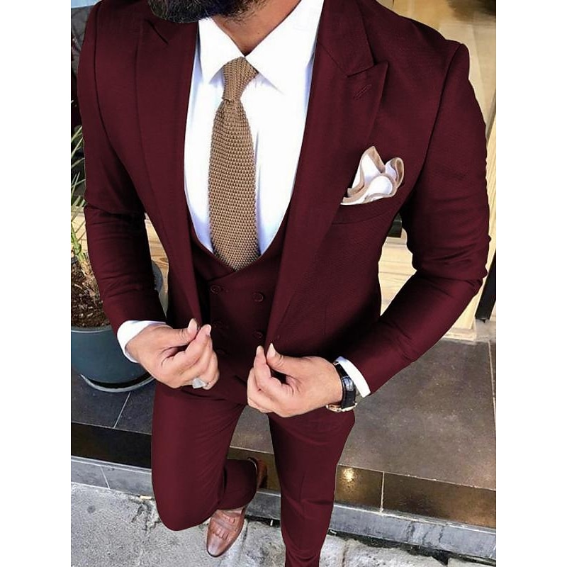 Men's Wedding Suits Peak Ivory Burgundy Solid Colored Tailored Fit 3 Piece Single Breasted One-button3