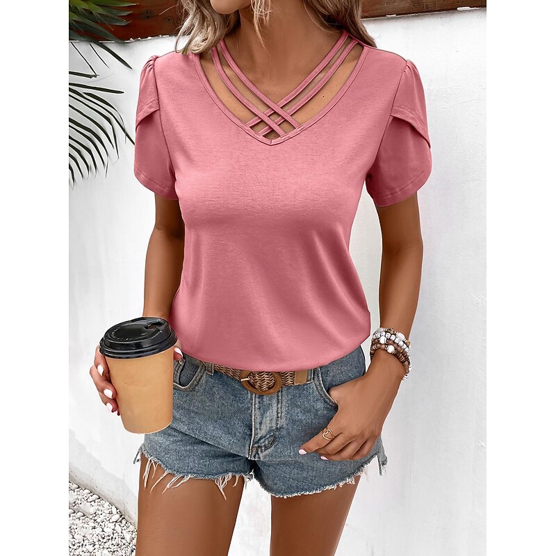 Women's Tunic Dressy Tops Plain Fashion Short Sleeve V Neck Regular Tops Vacation Daily Lace Pink Fuchsia Khaki Summer
