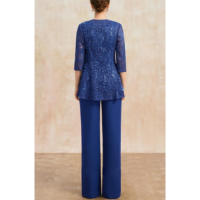 Sheath Pantsuit 3 Piece Mother of the Bride  Elegant Vintage Party Cowl Neck Bateau Neck Jewel Neck Floor Length Chiffon Lace Sleeveless 3/4 Length Sleeve Half Sleeve with2