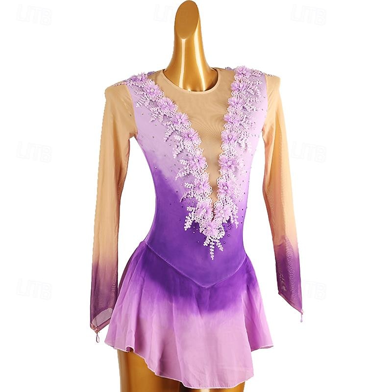Figure Skating Dress Women's Girls' Ice Skating Dress Light Purple Patchwork Open Back Mesh Spandex High Elasticity Training Practice Professional Skating Wear Classic Crystal / Rhinestone Long Sleeve2