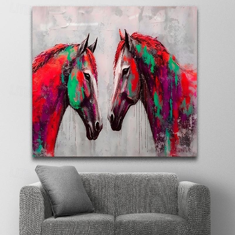 Hand painted Two Horses Art Colorful Unique Horse oil painting Wall Decor Animal Wall Painting Colorful Animal oil painting Art Home Decor Wall Art Gift Office Wall Decor3
