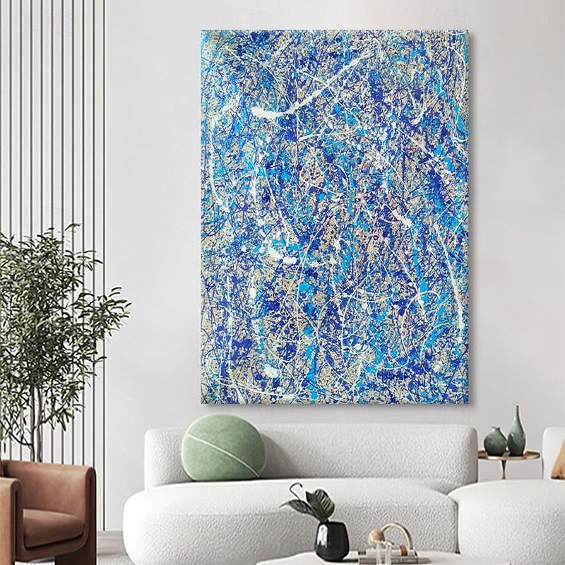 Handpainted Jackson Pollock Abstract Illustration Painting Blue White Lines Canvas Painting For Living Room Wall (No Frame)