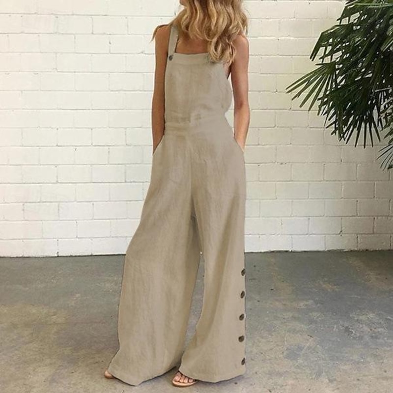 Women's Normal Overall Dungarees Casual Solid Color Sleeveless Sleeveless Bootcut Square Neck Pocket Dailywear Holiday Loose Fit Black White Navy Blue Summer