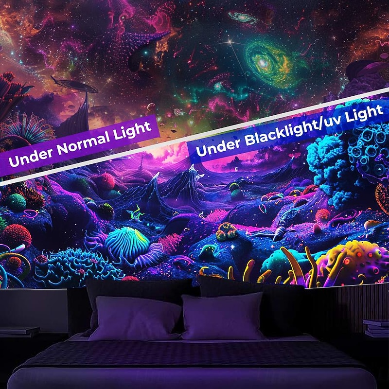 Blacklight Tapestry UV Reactive Glow in the Dark Glow Party Neon Mushroom Landscape Psychedelic Trippy Misty Hanging Tapestry Wall Art Mural for Living3