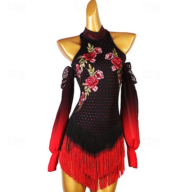 Figure Skating Dress Women's Girls' Ice Skating Dress Black Patchwork Tassel Spandex High Elasticity Training Competition Skating Wear Classic Crystal / Rhinestone Long Sleeve Ice Skating Figure
