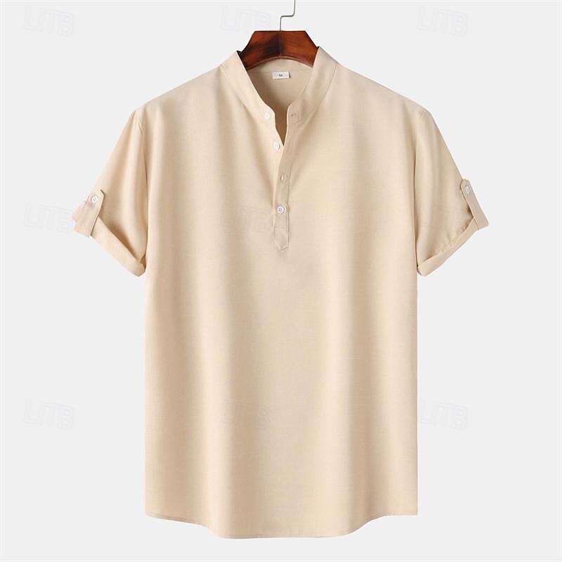Men's Shirt Linen Shirt Chinese Collar Shirt Mandarin Collar Shirt Casual Shirt Cotton Shirt Plain Vacation Street Black Yellow Light Green Pink Short Sleeve Band Collar Summer Clothing Apparel 9