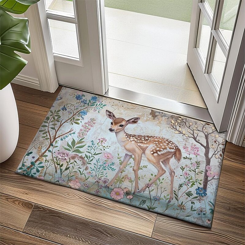 Floral Deer Doormat Kitchen Mat Floor Mat Non-Slip Area Rug Oil Proof Rug Indoor Outdoor Mat Bedroom Decor Bathroom Mat Entrance Rug
