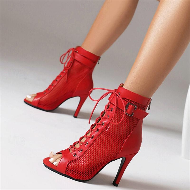 Women's Heels Lace Up Sandals Strappy Sandals Sandals Boots Summer Boots Party Club Buckle Lace-up Stiletto Open Toe Fashion Sexy Microbial Leather Mesh Zipper Almond Black Red3