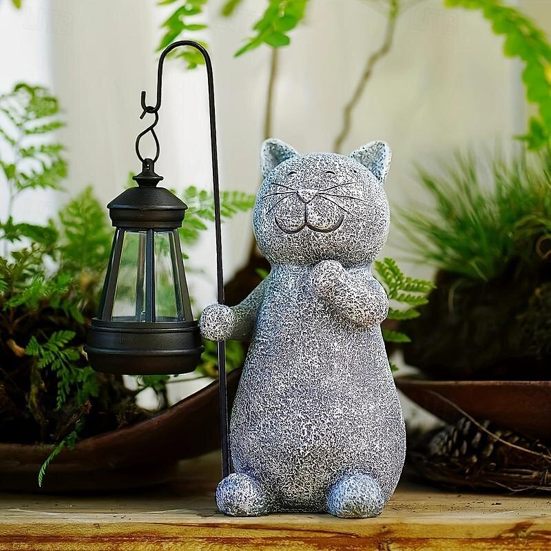 Solar Garden Statue Cat Figurine Light Garden Art with Solar Lantern, Loving Cat for Patio,Balcony,Yard, Lawn-Unique Housewarming Gift for Garden Mom Grandma2