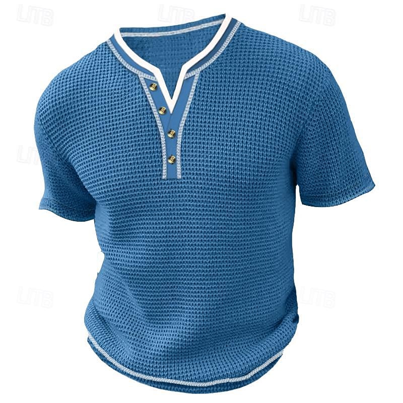 Men's Henley Shirt Short Sleeve Shirt Tee Top Solid Color Henley Outdoor Street Button Clothing Apparel Daily Hawaiian