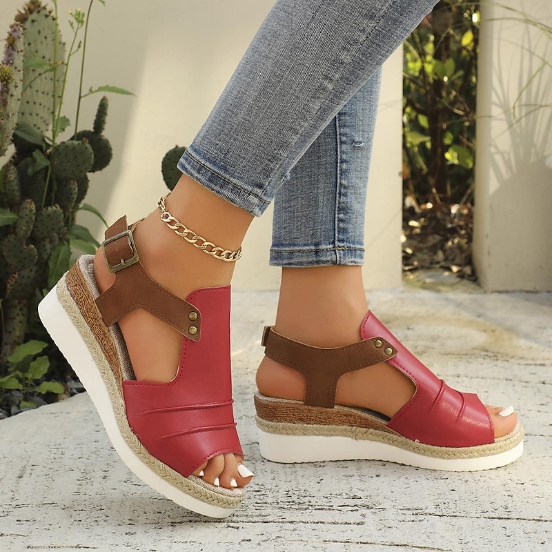 Women's Red and Brown Platform Sandals – Faux Leather Espadrille Wedge Sandals with Buckle Strap for Summer Travel, Beach Outings, and Casual Wear
