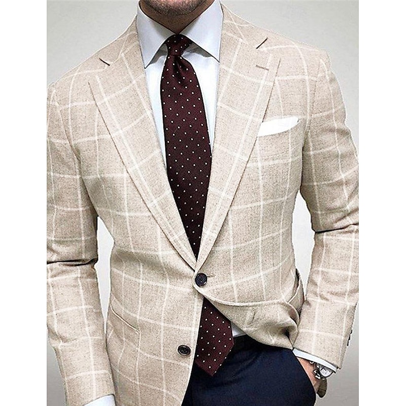 Men's Graduation Blazer Cocktail Attire Formal Evening Wedding Party Birthday Party Fashion Casual Spring &  Fall Polyester Plaid / Check Pocket Casual / Daily Single Breasted Blazer Brown