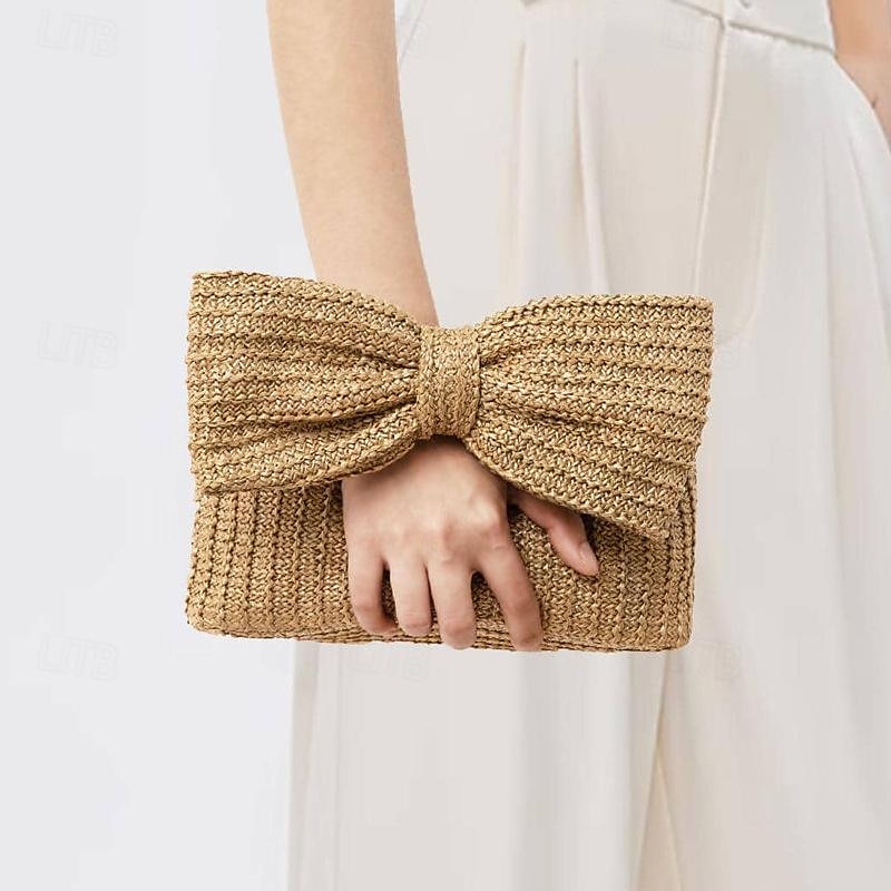 Women's Boho Chic Straw Clutch with Large Bow Detail - Perfect Summer Accessory