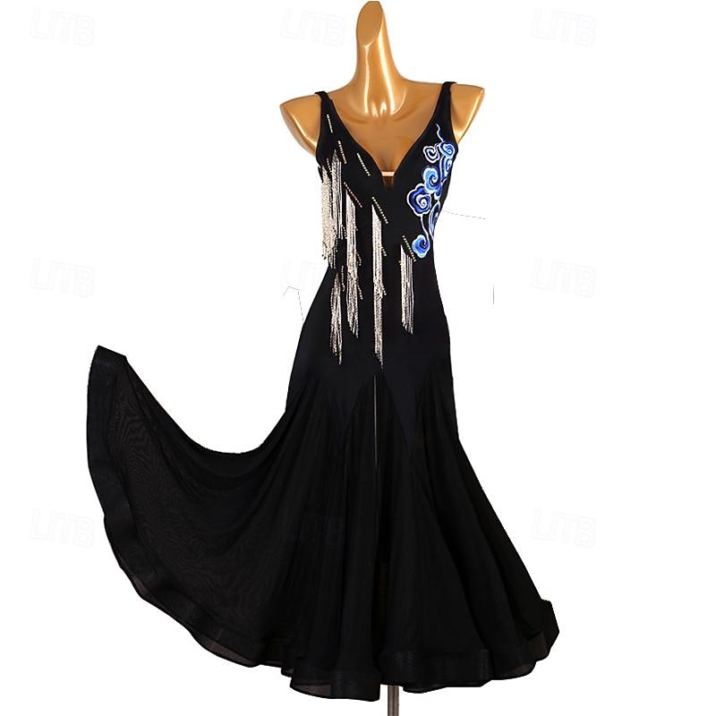 Ballroom Dance Dress Rhinestone Women's Performance Training Sleeveless High Chiffon Chinlon