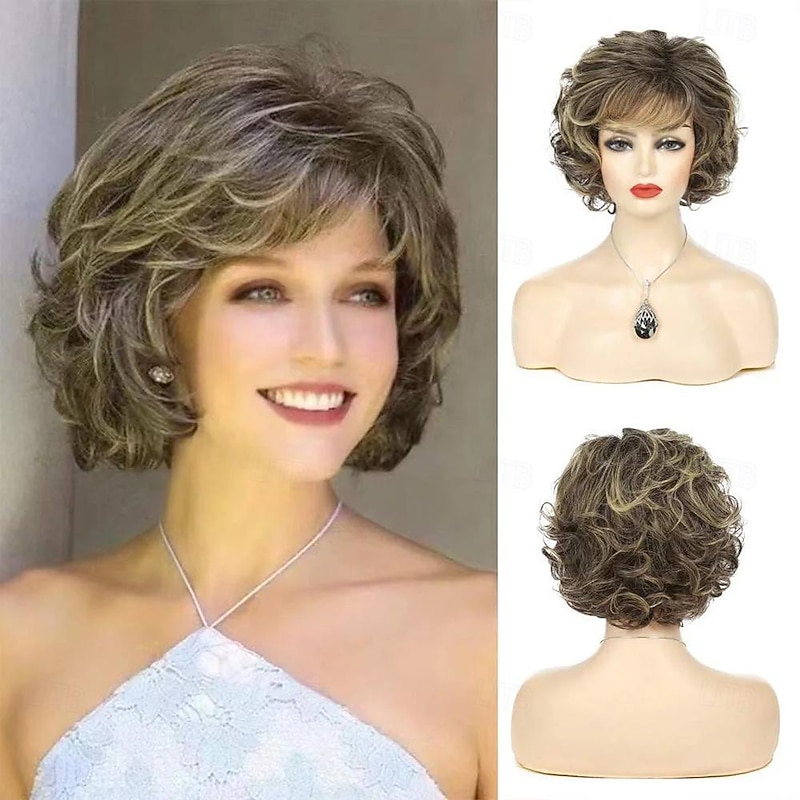 Wig Natural Wave Asymmetrical With Bangs Wig Short Grey Synthetic Hair Women's Classic Dark Gray Short Curly Mixed Brown Wigs for Women Layered2