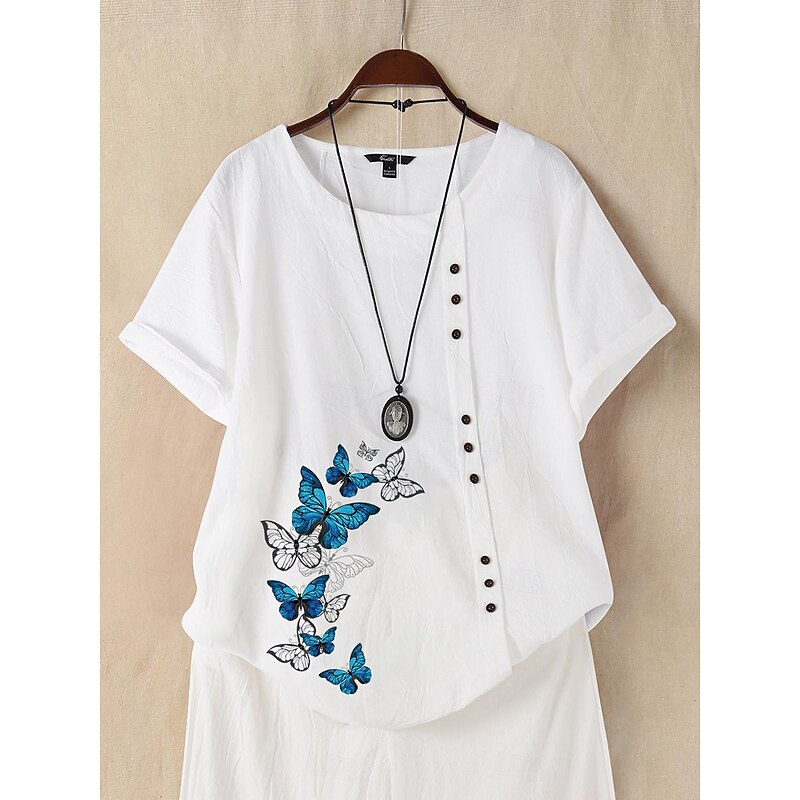 Women's 100% Cotton  Shirt Button Print Daily Linen Like Elegant Short Sleeve Crew Neck White Summer4