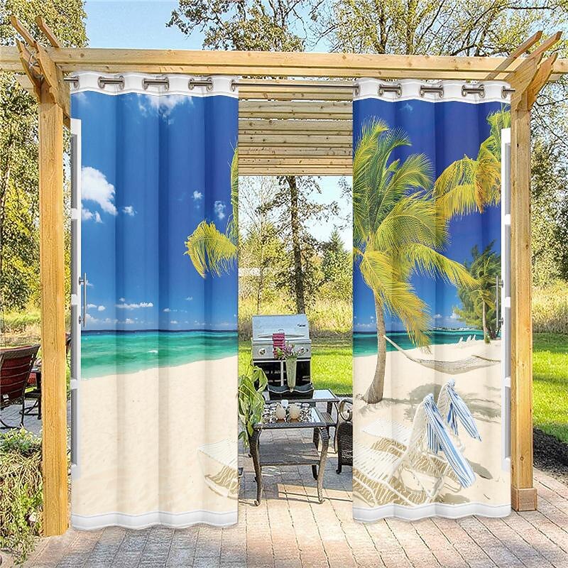 Outdoor Curtains Waterproof Windproof Weatherproof Curtain for Patio, Cabana, Porch, Pergola and Gazebo, Grommet Top Drape, 2 Panels Beach Palm4