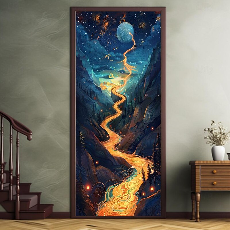Fantasy Planet River Door Covers Mural Decor Door Tapestry Door Curtain Decoration Backdrop Door Banner Removable for Front Door Indoor Outdoor Home Room Decoration Farmhouse Decor Supplies2