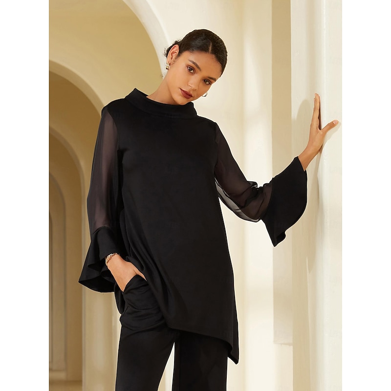 Women's Wedding Guest Party Black High Neck Blouse Chiffon Modal Patchwork Flare Cuff Slim Fit Elastic Elegant Casual Office Wear4