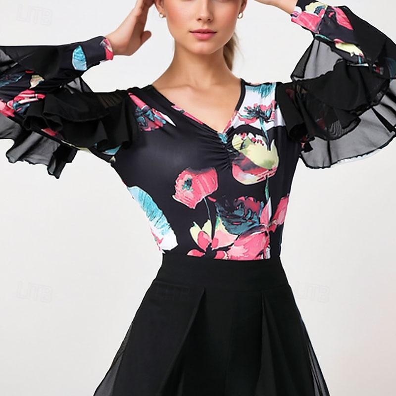 Latin Dance Ballroom Dance Top Printing Splicing Tulle Women's Performance Training Long Sleeve High Polyester4