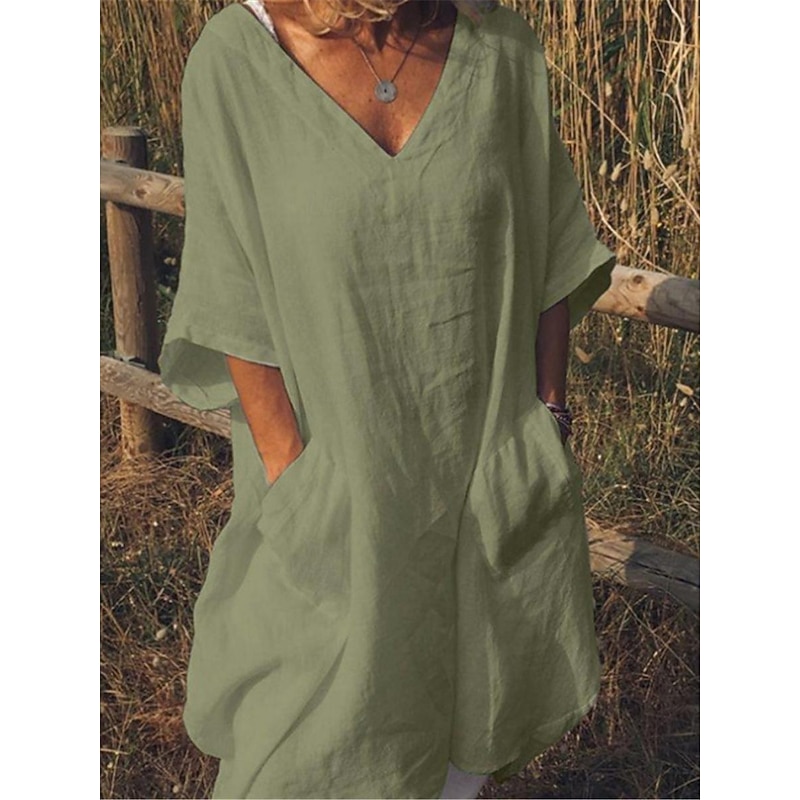 Women's Black White Red Summer Spring Midi Dress Linen-Inspired Dresses White Dress Shirt Dress Basic Modern Daily Weekend Loose Fit Plain V Neck4