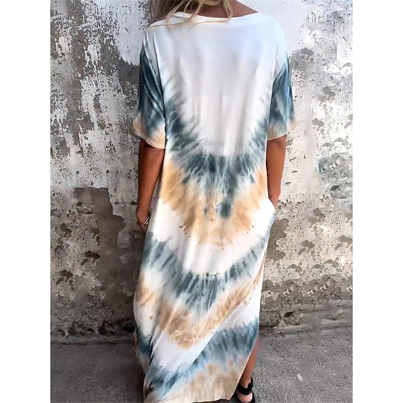 Women's Casual Dress T Shirt Dress Tee Dress Tie Dye Pocket Print V Neck Long Dress Maxi Dress Stylish Casual Daily Vacation Short Sleeve Summer2