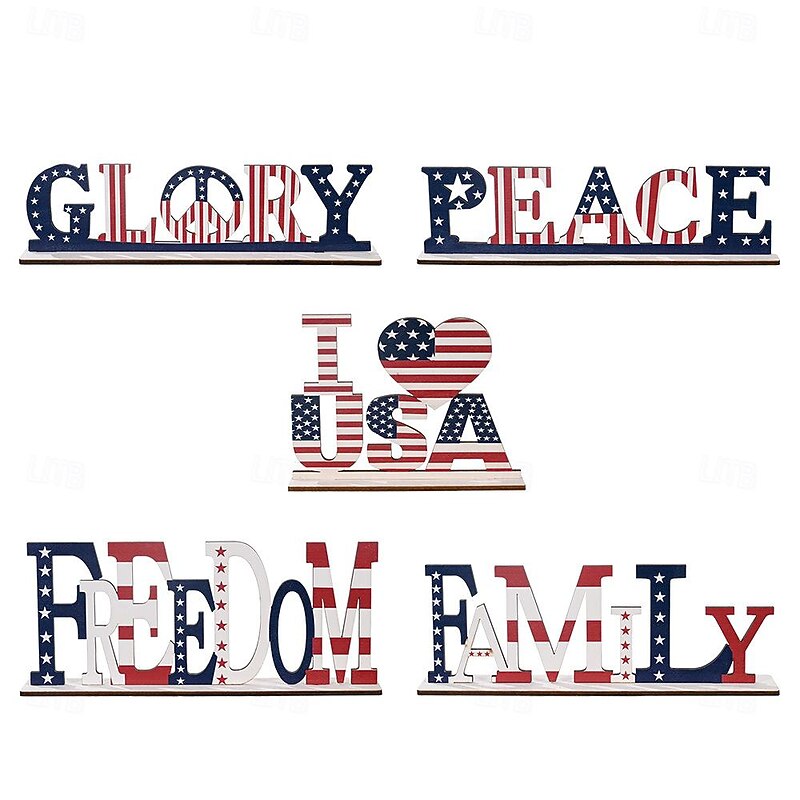 Patriotic 4th of July Wooden Letter Decor Independence Day USA Flag Red White Blue Creative Printed Desktop Decoration for Home4