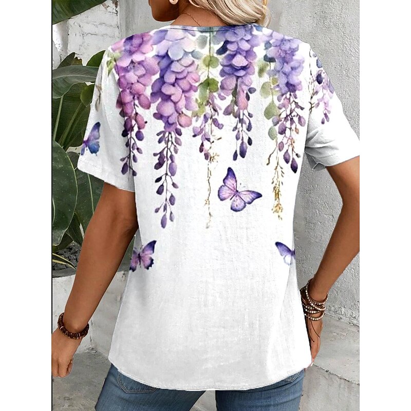 Women's Shirt Ombre Floral Butterfly Daily Linen Casual Short Sleeve Crew Neck Regular Tops Vacation Daily Patchwork Violet Summer Spring2