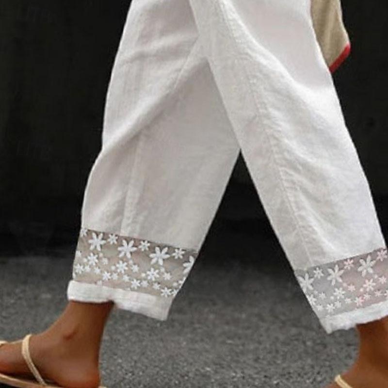 Women's Cotton Linen Pants Pants Trousers Casual Daily Ankle-Length Plain Mesh Side Pockets Breathability Comfortable Inelastic Going out Weekend White Spring & Summer Regular Fit3