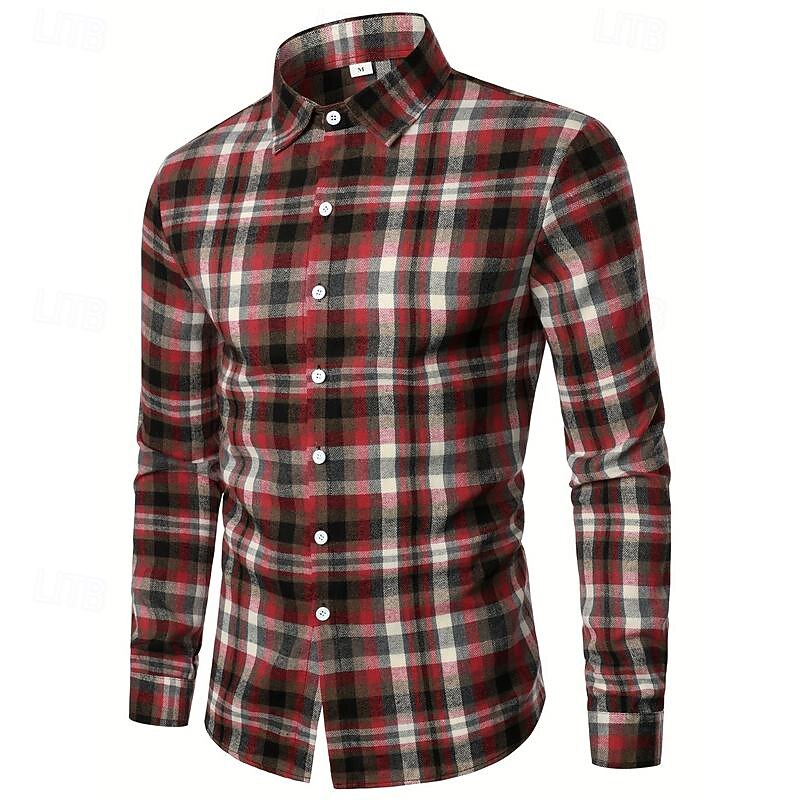 Men's Shirt Dress Shirt Button Up Shirt Plaid Wedding Party Light Yellow Black Red Green Long Sleeve Lapel Spring &  Fall Clothing Apparel4