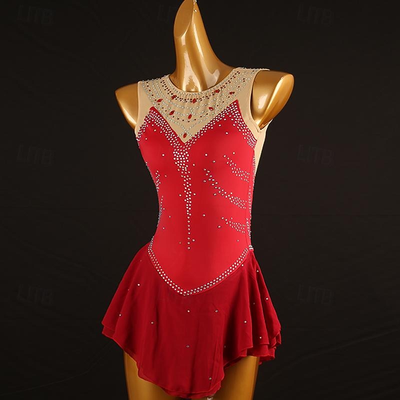 Figure Skating Dress Women's Girls' Ice Skating Dress Burgundy Patchwork Mesh Spandex High Elasticity Training Practice Professional Skating Wear Classic Crystal / Rhinestone Sleeveless Ice Skating3
