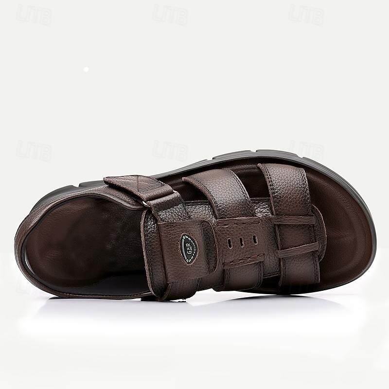 Men's Sandals Sporty Sandals Casual Italian Full-Grain Cowhide Breathable Comfortable Slip Resistant Magic Tape Loafer Black Coffee2