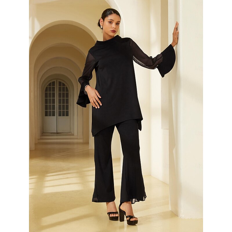 Women's Modal Chiffon Flare Cuff High Neck Long Sleeve Blouse Pants Set Date Elegant Daily Wear3