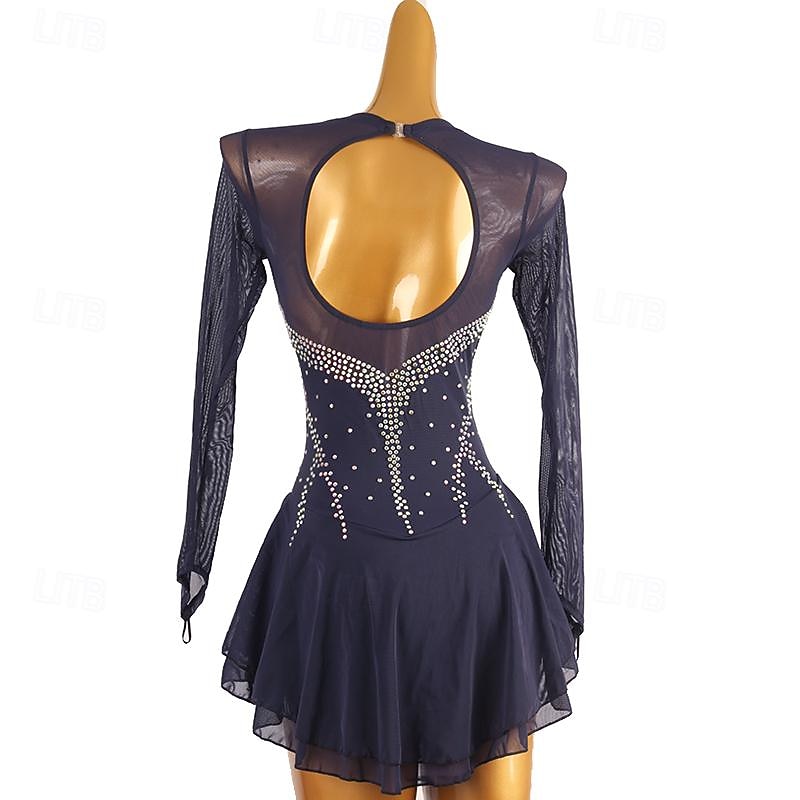 Figure Skating Dress Women's Girls' Ice Skating Dress Dark Navy Patchwork Open Back Mesh High Elasticity Training Competition Skating Wear Classic Crystal / Rhinestone Long Sleeve Ice Skating Figure4