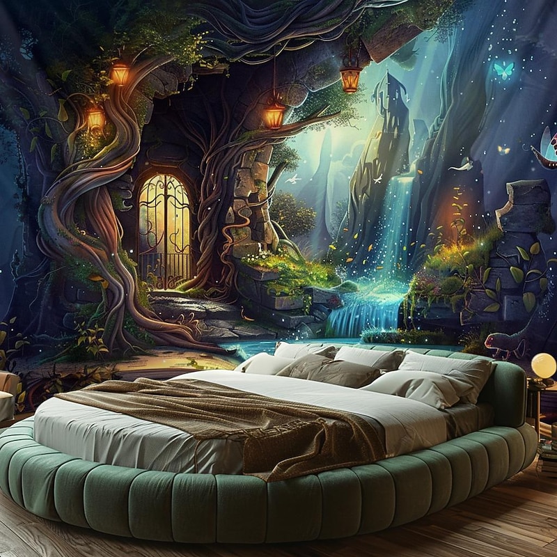 Fantasy Dream Tree House Hanging Tapestry Wall Art Large Tapestry Mural Decor Photograph Backdrop Blanket Curtain Home Bedroom Living Room Decoration