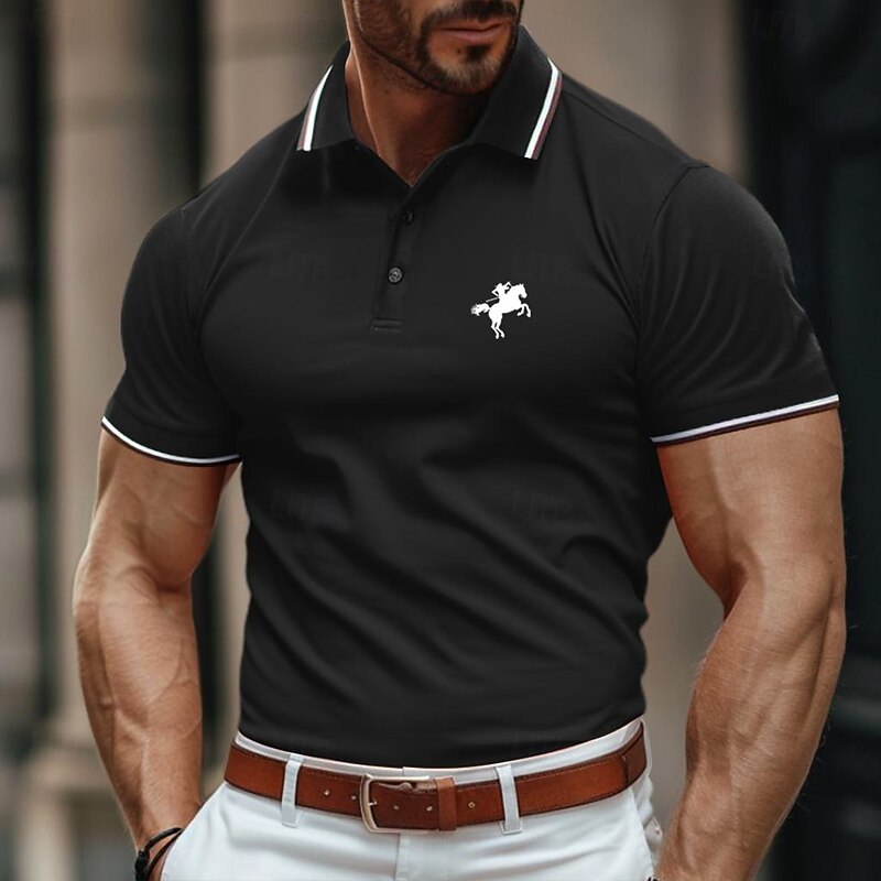 Men's Polo Shirt Golf Shirt Casual Holiday Lapel Short Sleeve Fashion Basic Color Block Horse Patchwork Embroidery Summer Regular Fit Black Burgundy Green Polo Shirt4