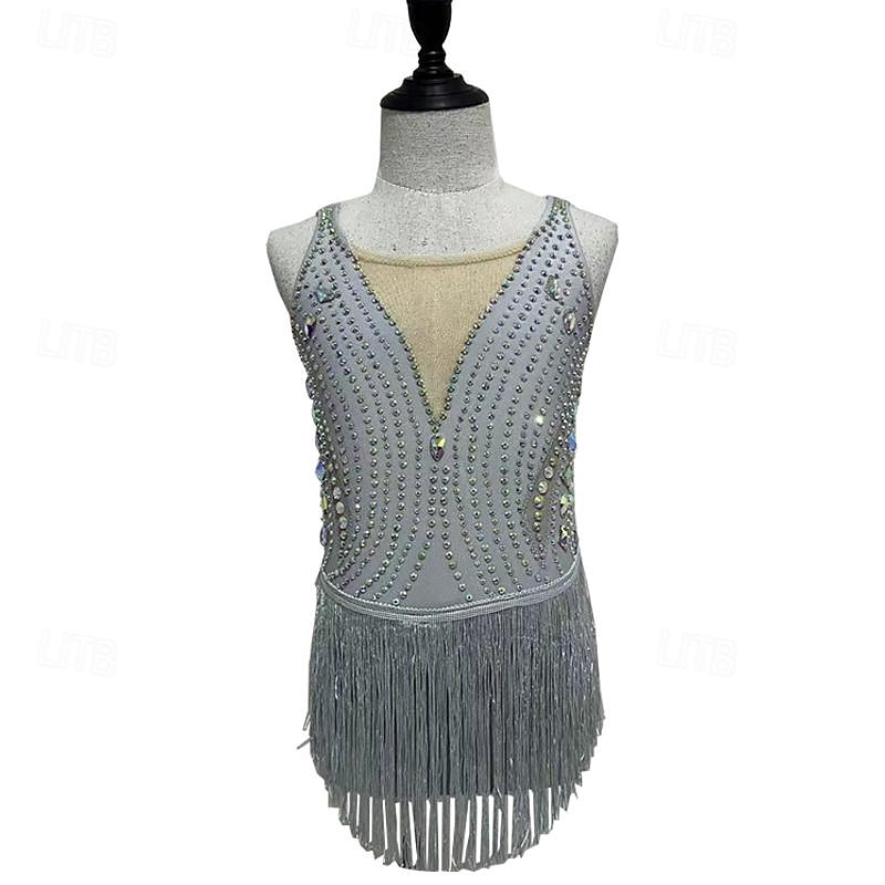 Figure Skating Dress Women's Girls' Ice Skating Dress Grey Tassel Mesh Spandex Micro-elastic Training Skating Wear Crystal / Rhinestone Sleeveless Ice Skating Figure Skating