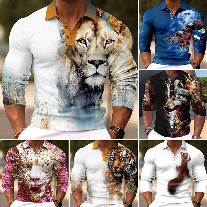 Men's Lion Polo Shirts Golf Shirt Long Sleeve Polo Shirts Collared Shirts Casual Funny Streetwear Vacation Wear Party Outfits 3D Print Buttons Light Pink White Crystal / Orange