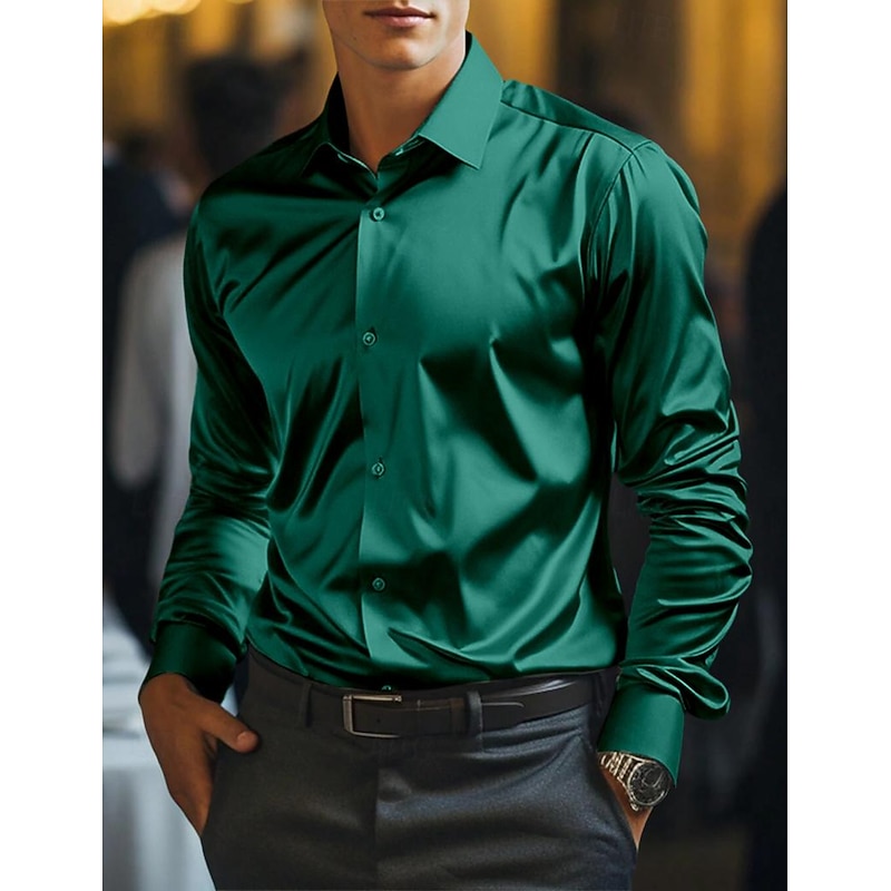 Men's Shirt Satin Shirt Casual Shirt Button Up Shirt Plain Wedding Vacation White Wine Blue Green Long Sleeve Collar Spring & Summer Clothing Apparel3