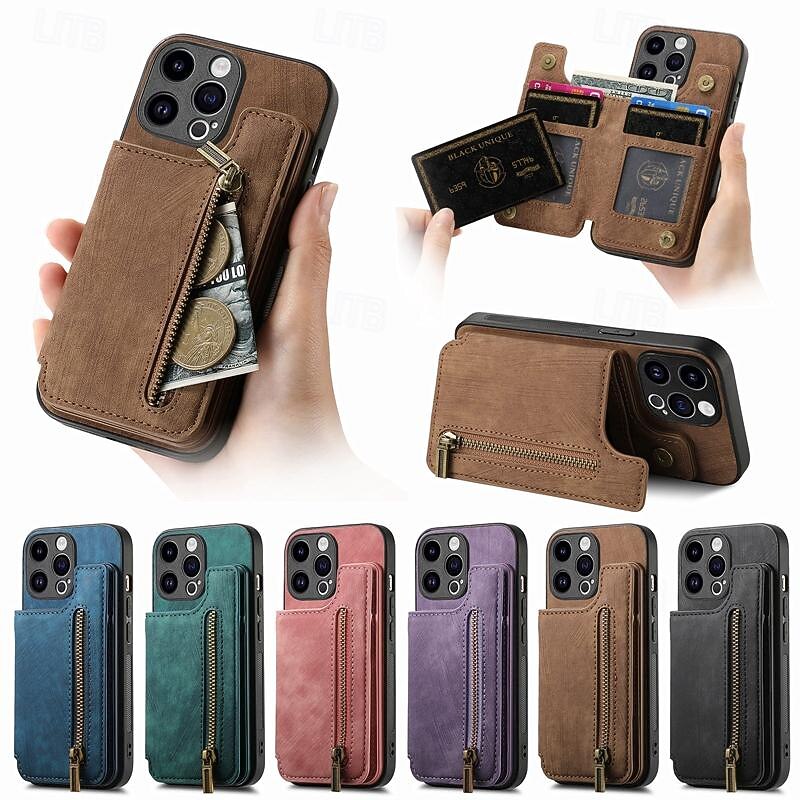 Phone Case For iPhone 17 Pro Max 17 Air 16 15 14 Pro Max Plus 13 12 11 Pro Max Mini Back Cover with Stand Holder Card Slot Shockproof Retro TPU PU Leather